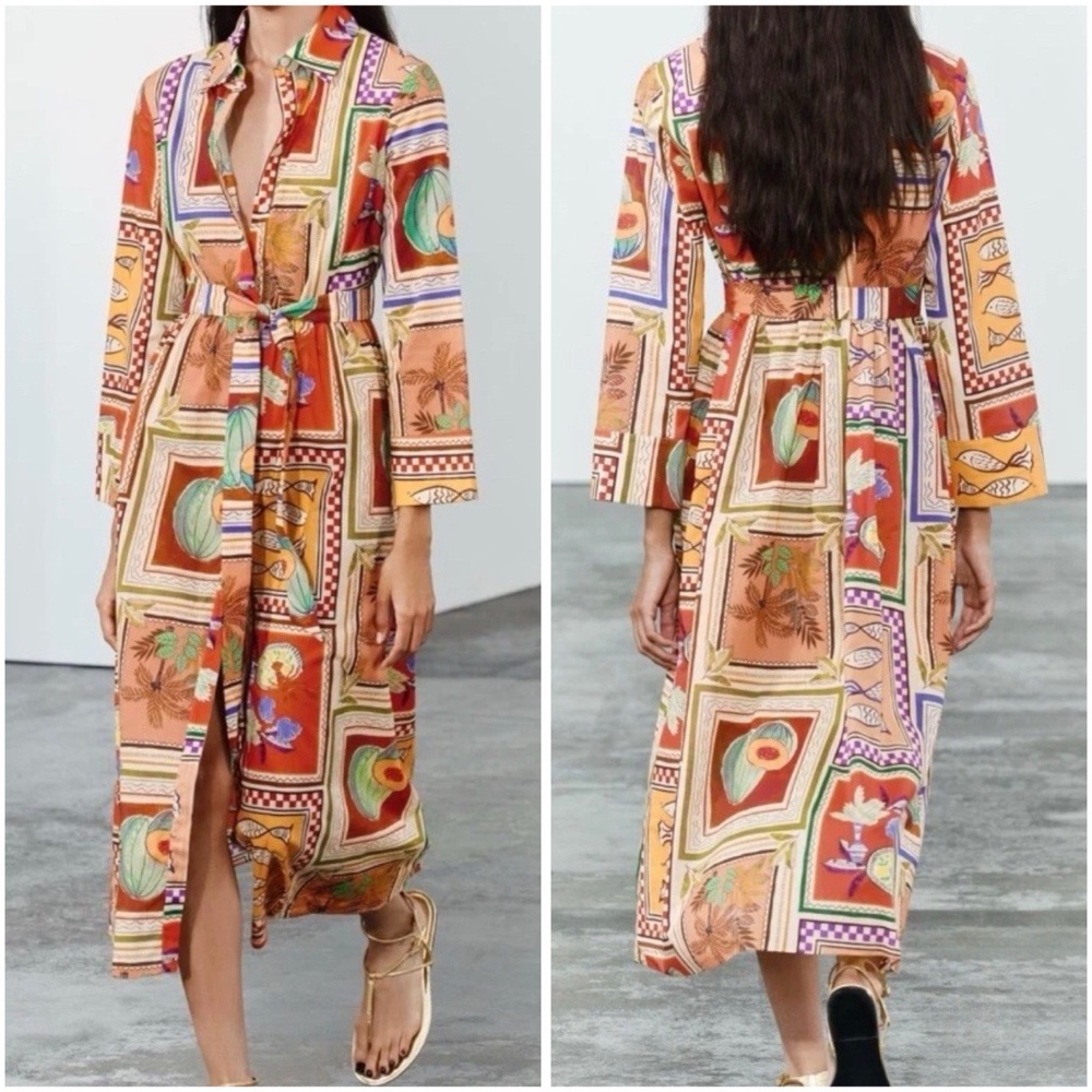 ZARA WOMAN Size M Belted Printed Shirt Midi Dress Multicolor Cotton NWT $109